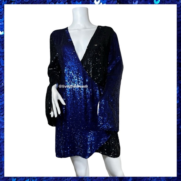 NWT Retrofete Christine Sequin Wrap Dress Blue and Black SZ LARGE $690 - Picture 6 of 16